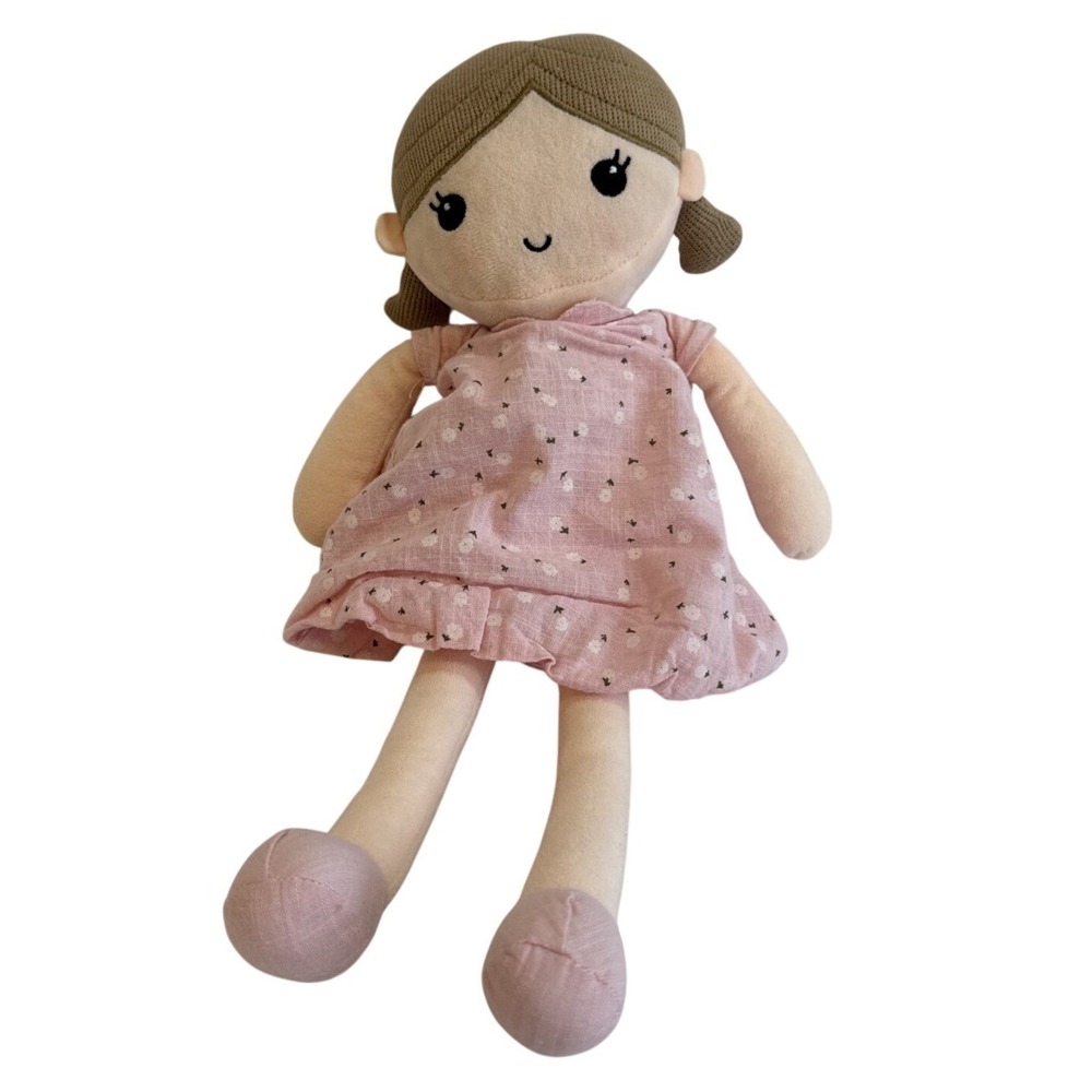 Linzy Toys Plush Rag Doll Brown Hair Pink Floral Dress 12 Inch Soft Stuffed Girl